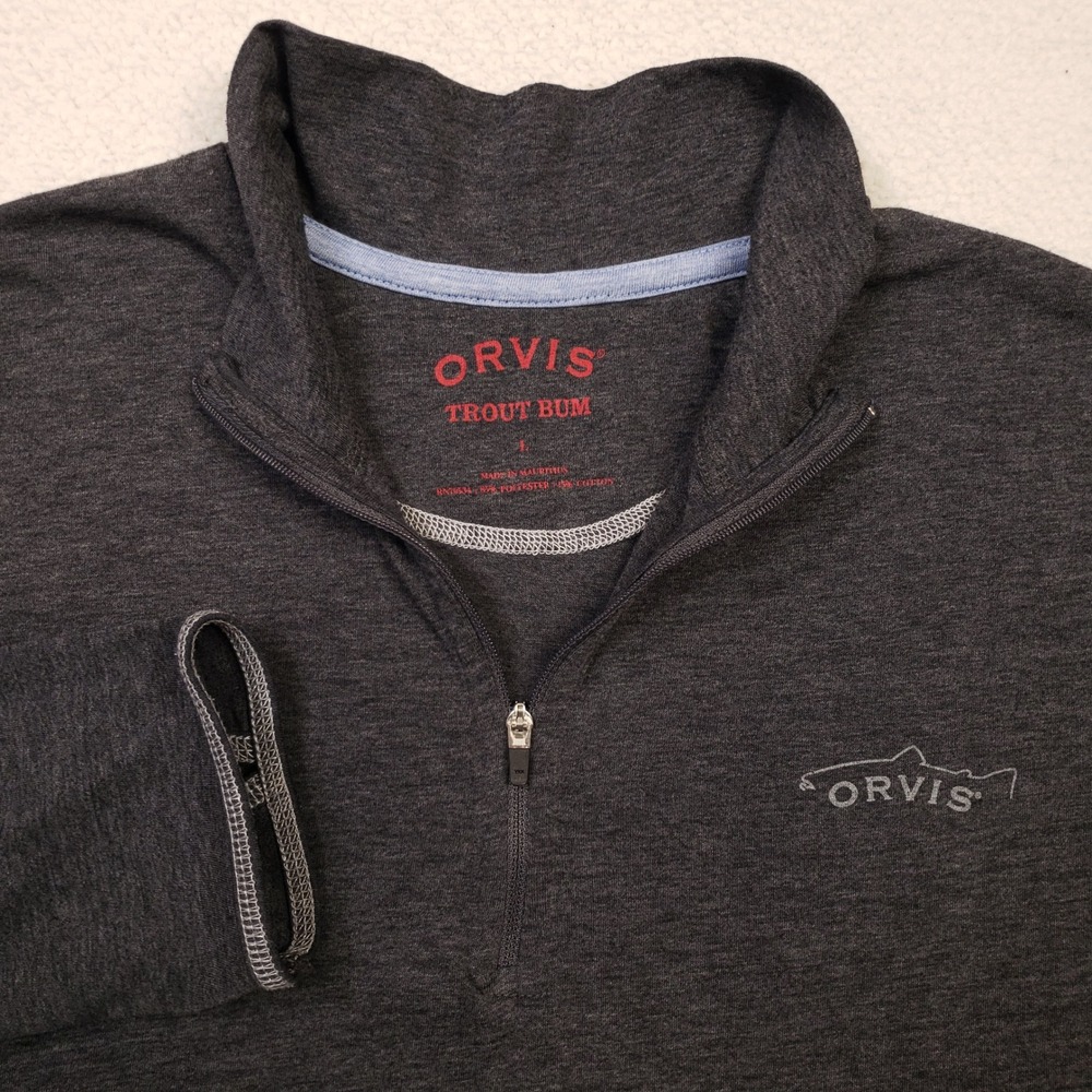 Orvis Trout Bum Pullover Mens Large Gray Quarter Zip Thumbhole Outdoor 1/4 Zip